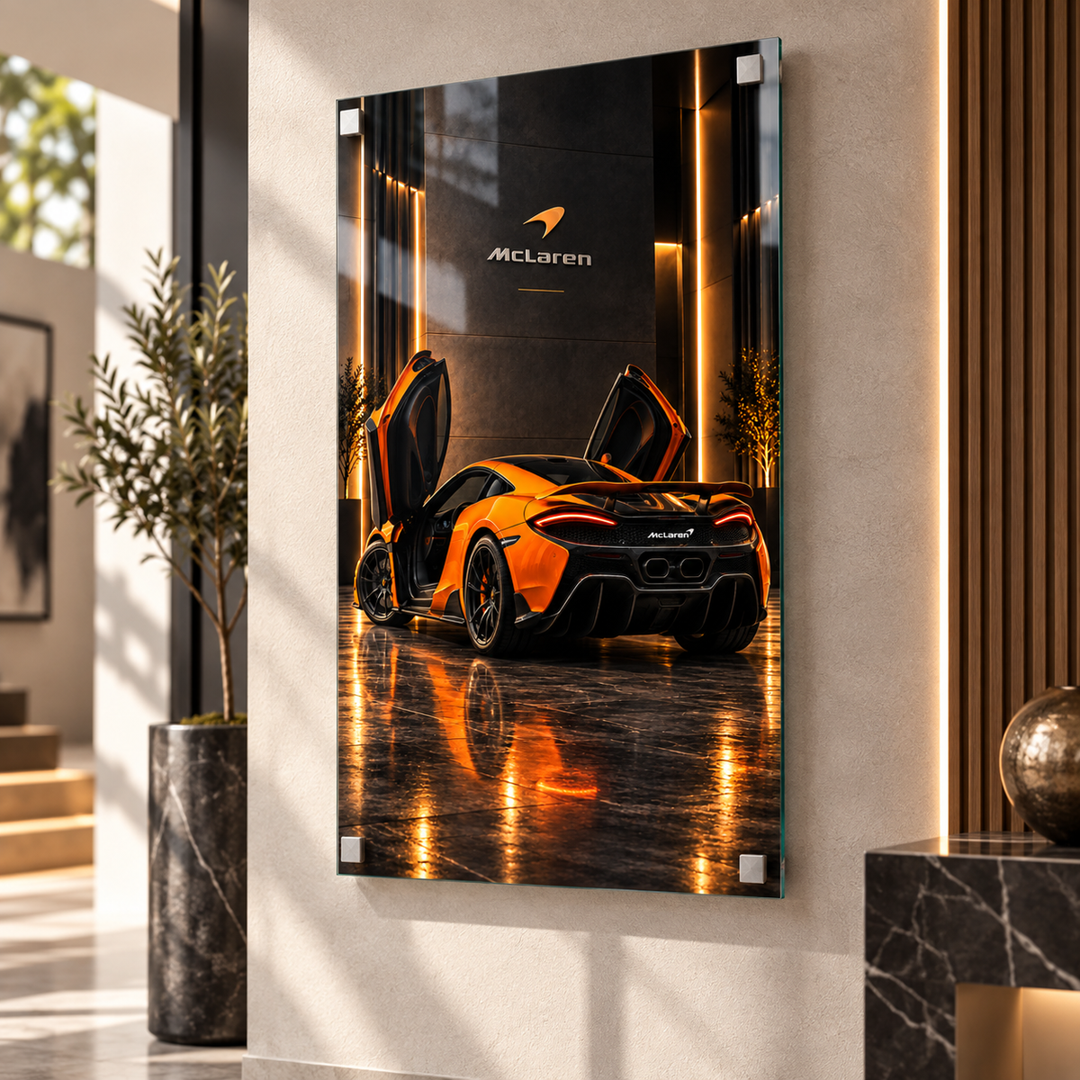 Turuncu McLaren dikey cam tablo alternatif premium mekân görünümü