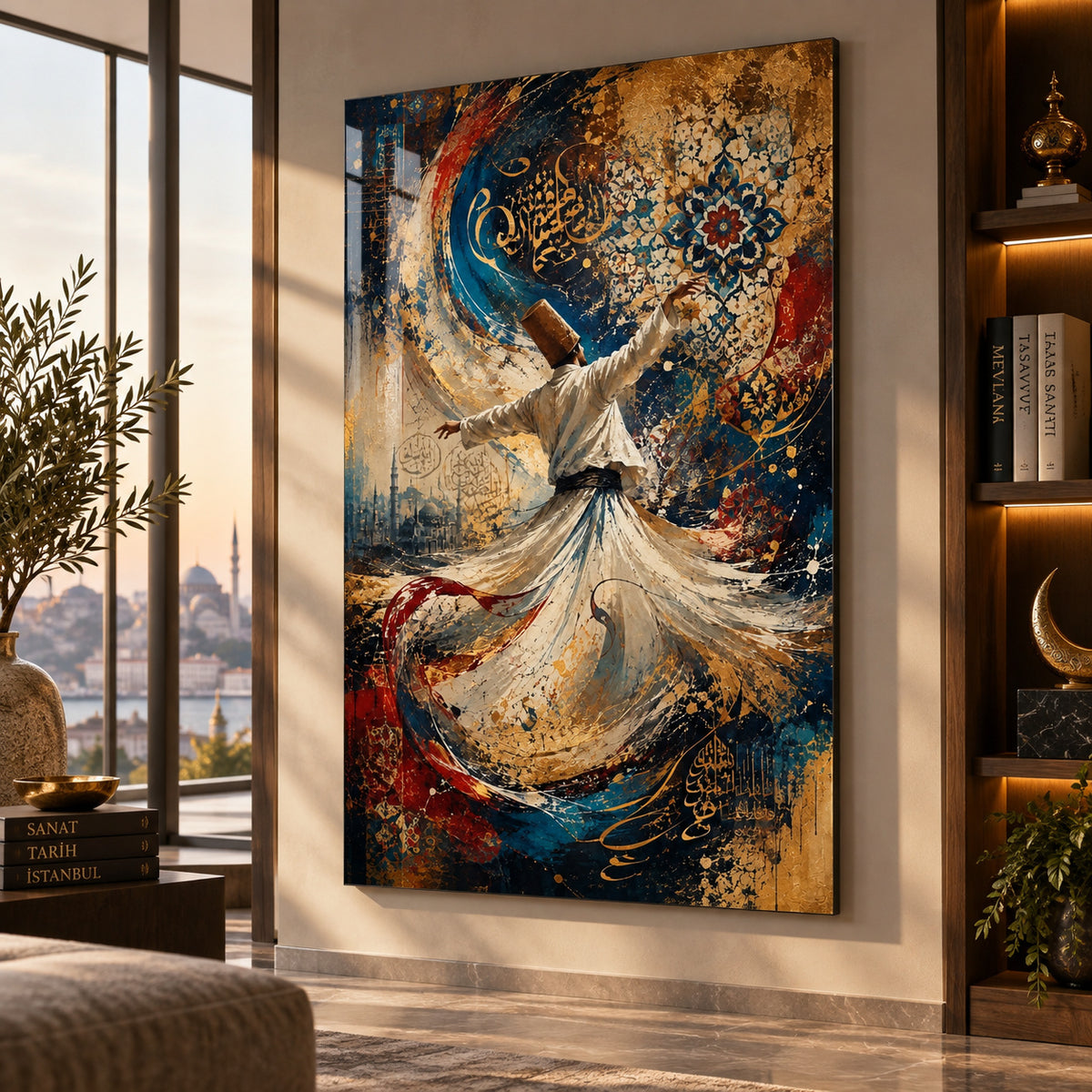 Semazen ve hat motifli dikey cam tablo, doğal ışıklı modern yaşam alanında duvar uygulaması