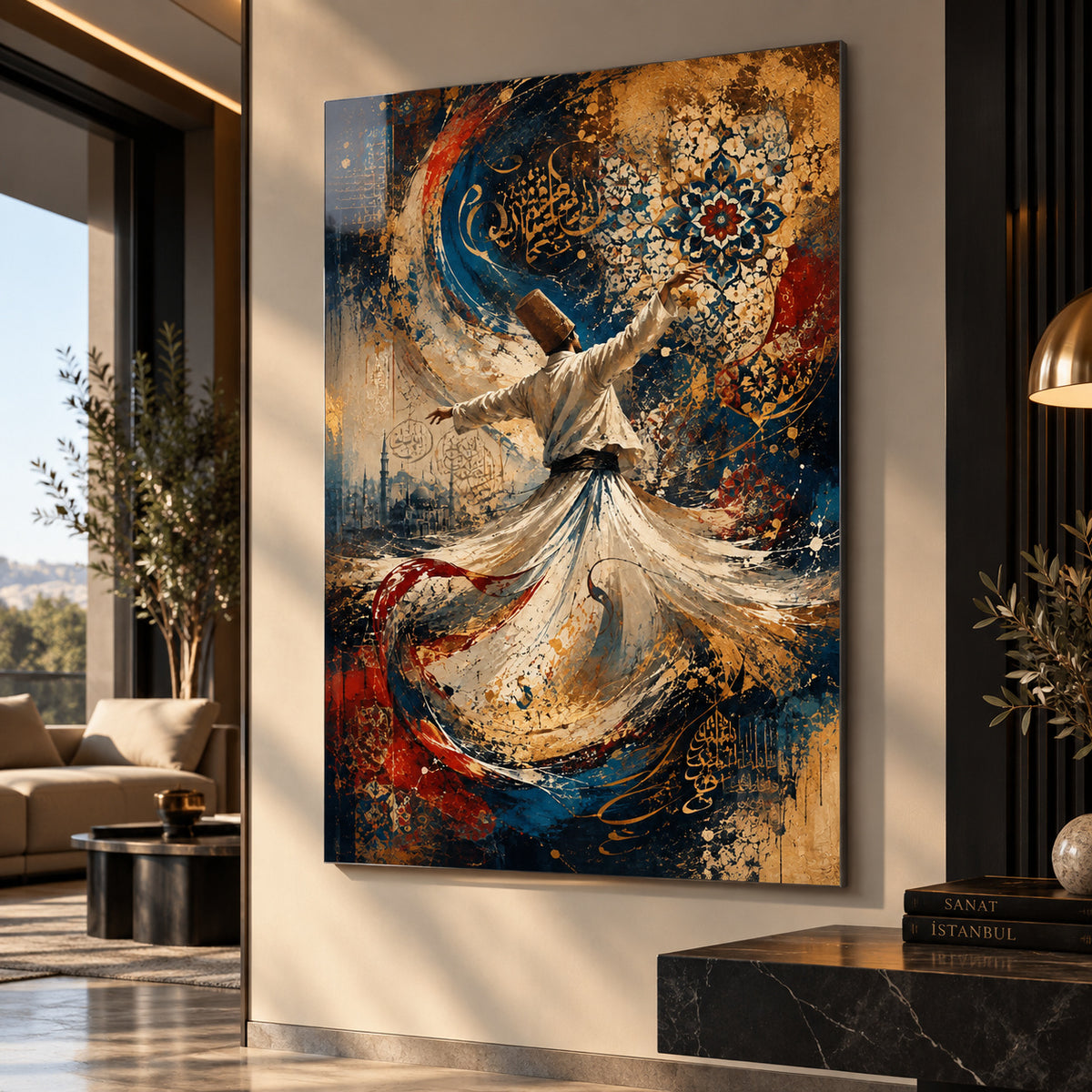 Semazen ve hat motifli lacivert altın dikey cam tablo, modern antrede yazısız alternatif mekân görünümü