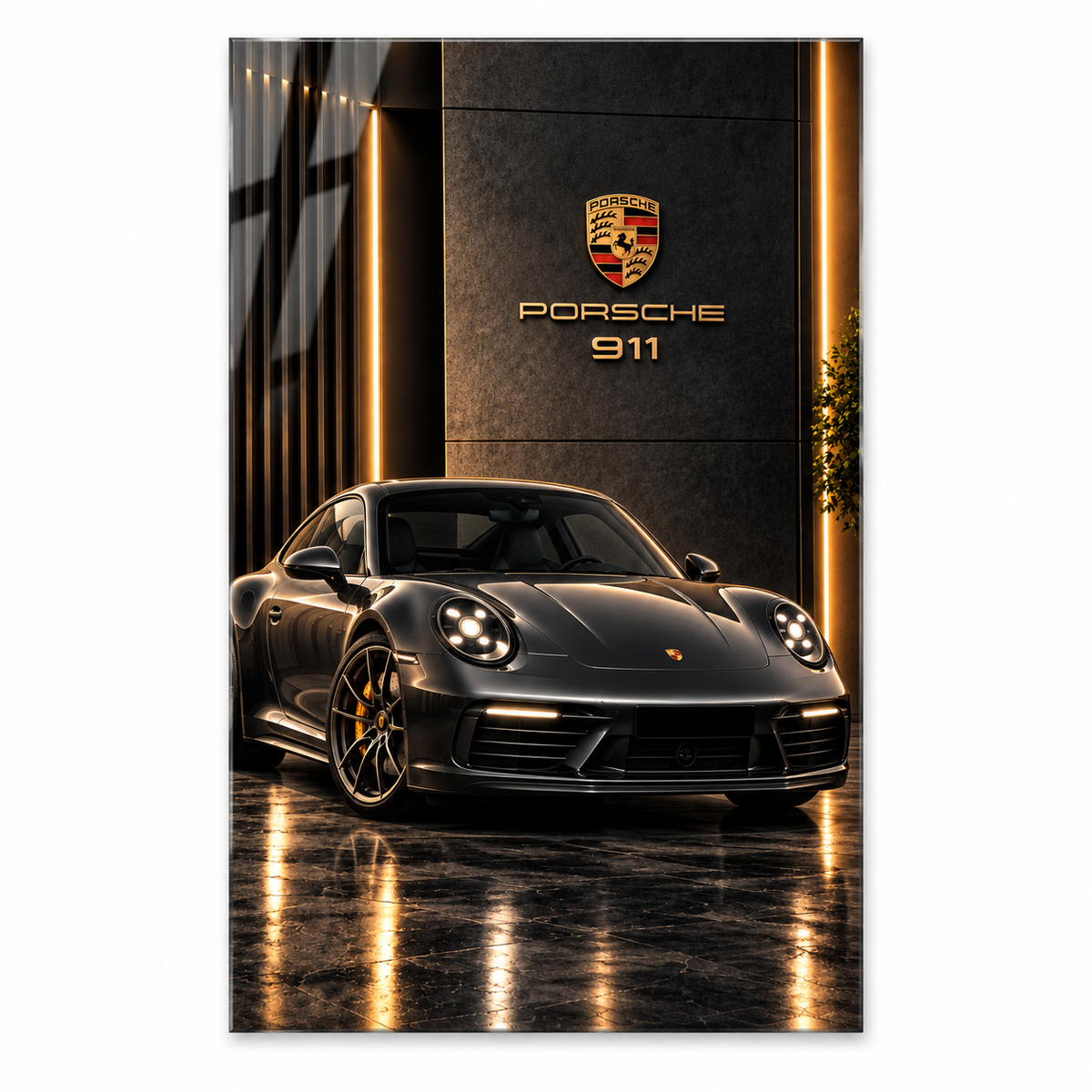 Porsche 911 siyah gold dikey cam tablo, beyaz zeminde önden düz açıyla yazısız vitrin görünümü