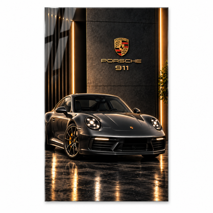 Porsche 911 siyah gold dikey cam tablo, beyaz zeminde önden düz açıyla yazısız vitrin görünümü