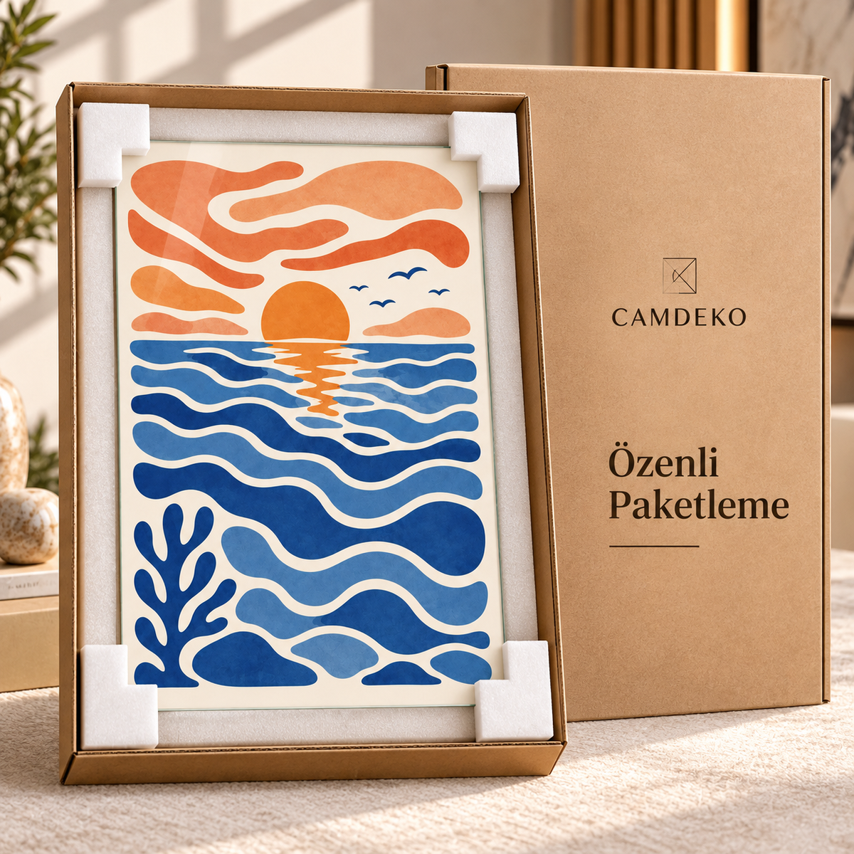Turuncu gün batımı ve mavi deniz dikey cam tablo, beyaz köşe koruyucularla CAMDEKO kraft kutu içinde özenli paketleme