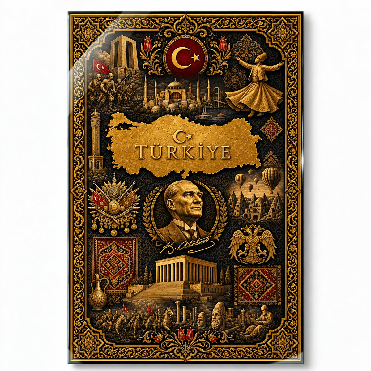Türkiye Atatürk Osmanlı motifli dikey cam tablo, beyaz zeminde vitrin görünümü