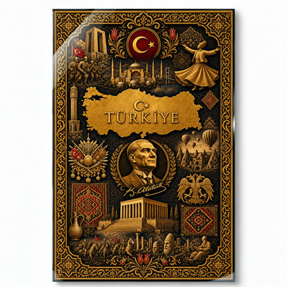 Türkiye Atatürk Osmanlı motifli dikey cam tablo, beyaz zeminde vitrin görünümü