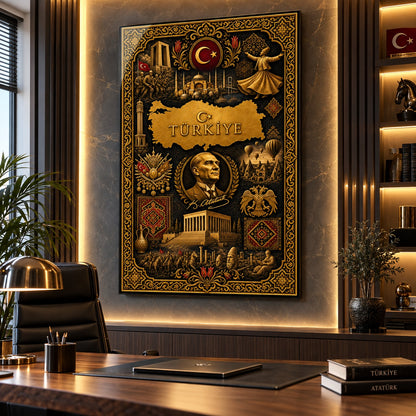 Türkiye Atatürk Osmanlı motifli dikey cam tablo, premium mekân
