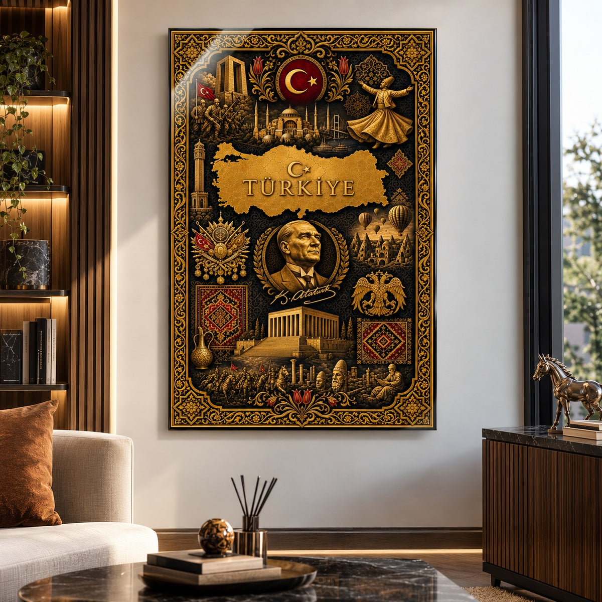 Türkiye Atatürk Osmanlı motifli dikey cam tablo, farklı premium mekân