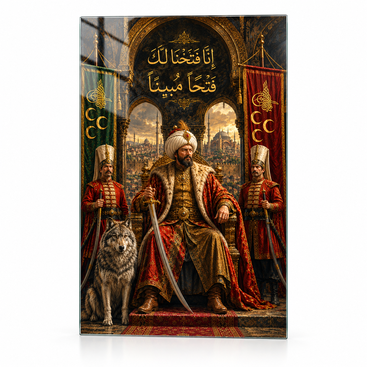 Fatih Sultan Mehmet İstanbul'un Fethi Osmanlı dikey cam tablo beyaz zemin