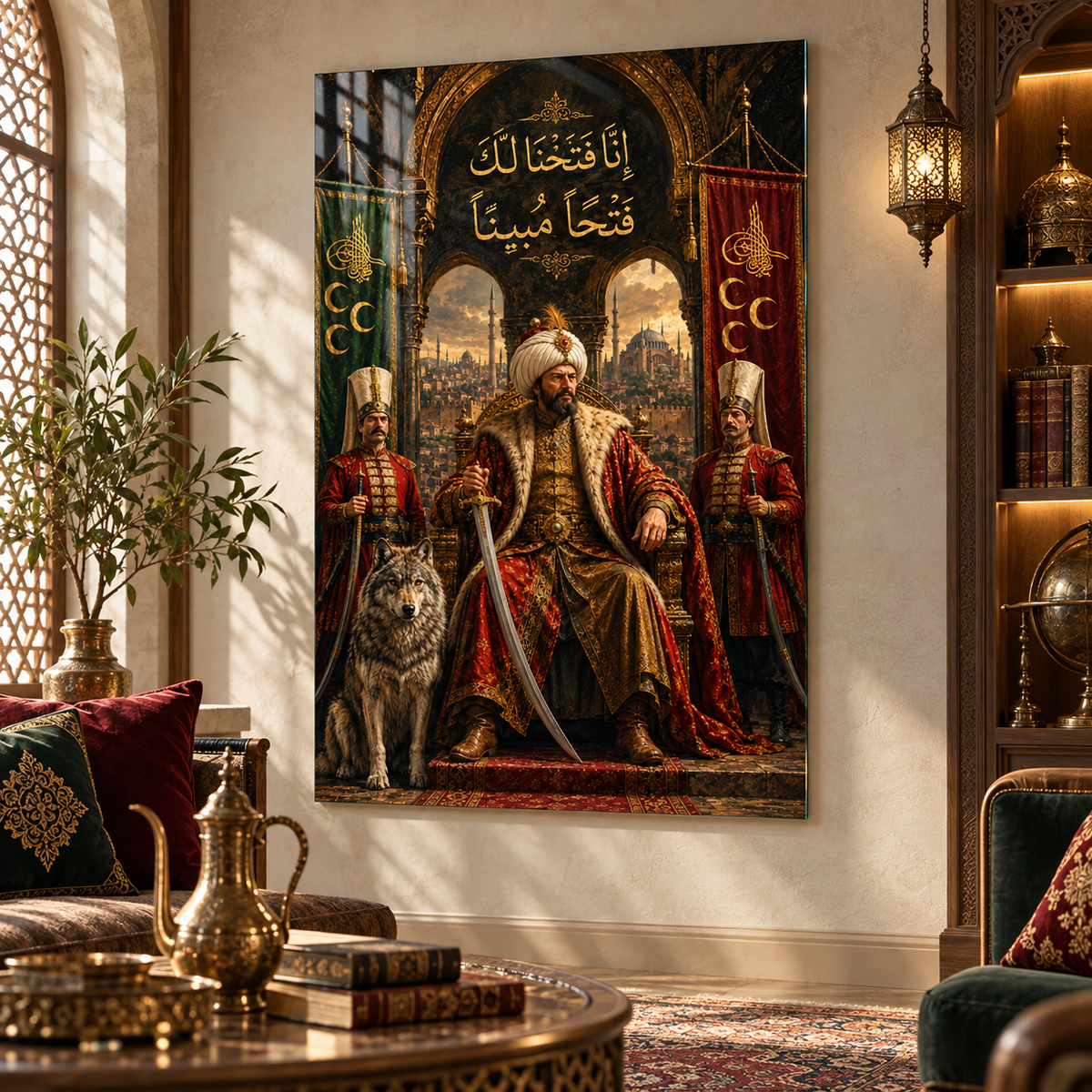 Fatih Sultan Mehmet Osmanlı dikey cam tablo premium salon