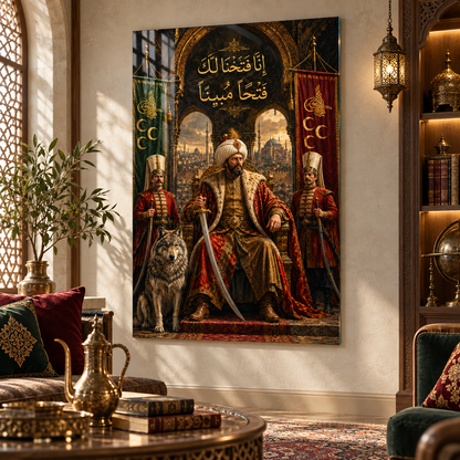 Fatih Sultan Mehmet Osmanlı dikey cam tablo premium salon