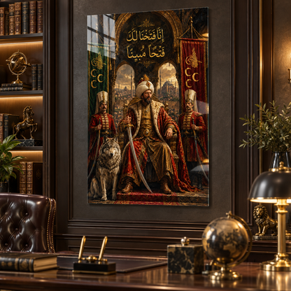Fatih Sultan Mehmet İstanbul'un Fethi dikey cam tablo premium çalışma odası