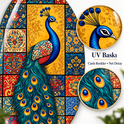 Tavus kuşu oval cam tabloda UV baskı canlı renk ve net detay