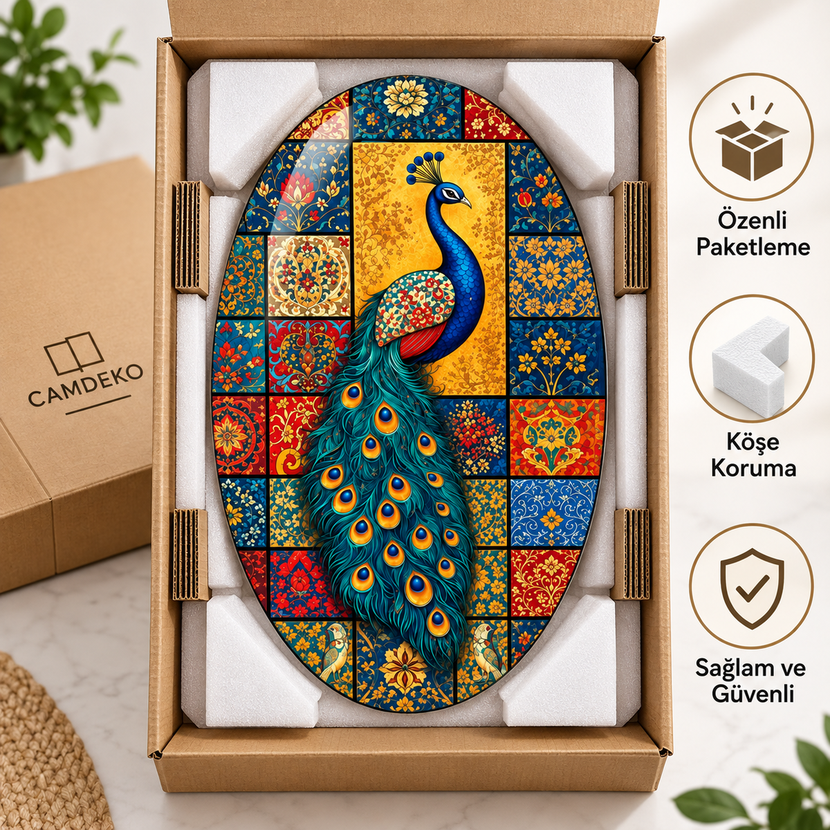 Oval cam tablo özenli paketleme ve köşe koruma