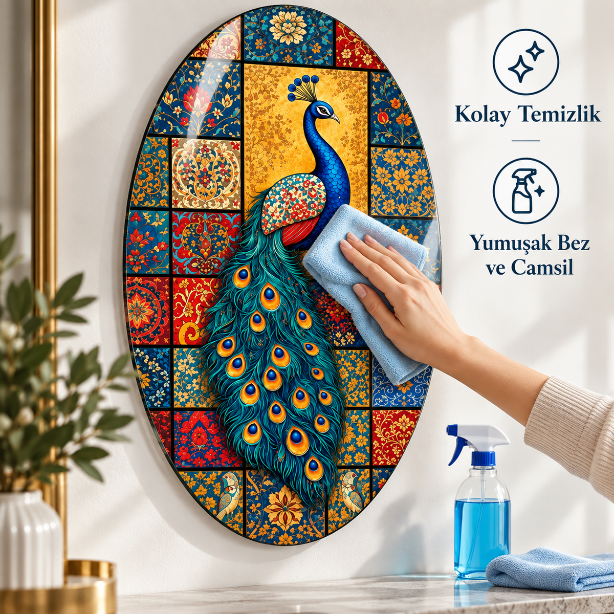 Oval cam tablo kolay temizlik yumuşak bez ve camsil