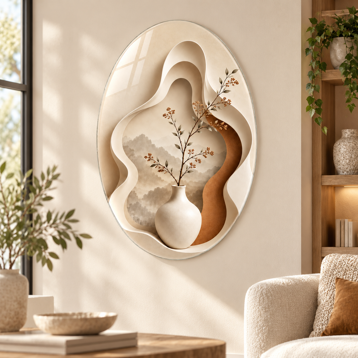 Bej vazo ve doğa motifli oval dikey cam tablo premium salon