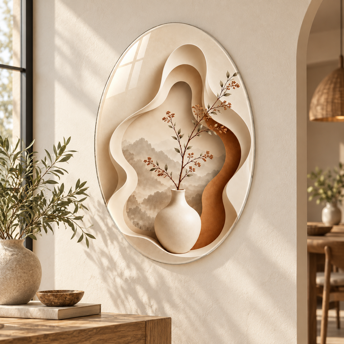 Bej vazo ve doğa motifli oval dikey cam tablo alternatif premium mekân