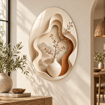 Bej vazo ve doğa motifli oval dikey cam tablo alternatif premium mekân