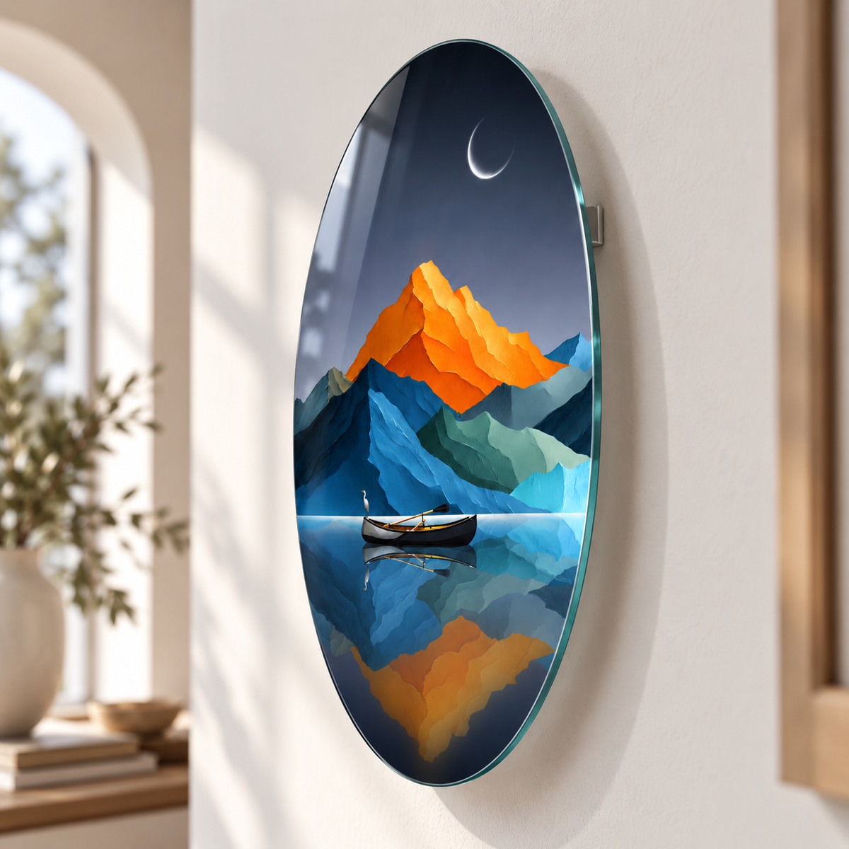 Oval dikey cam tablo yaklaşık 2 cm duvar mesafesi ve yüzer görünüm