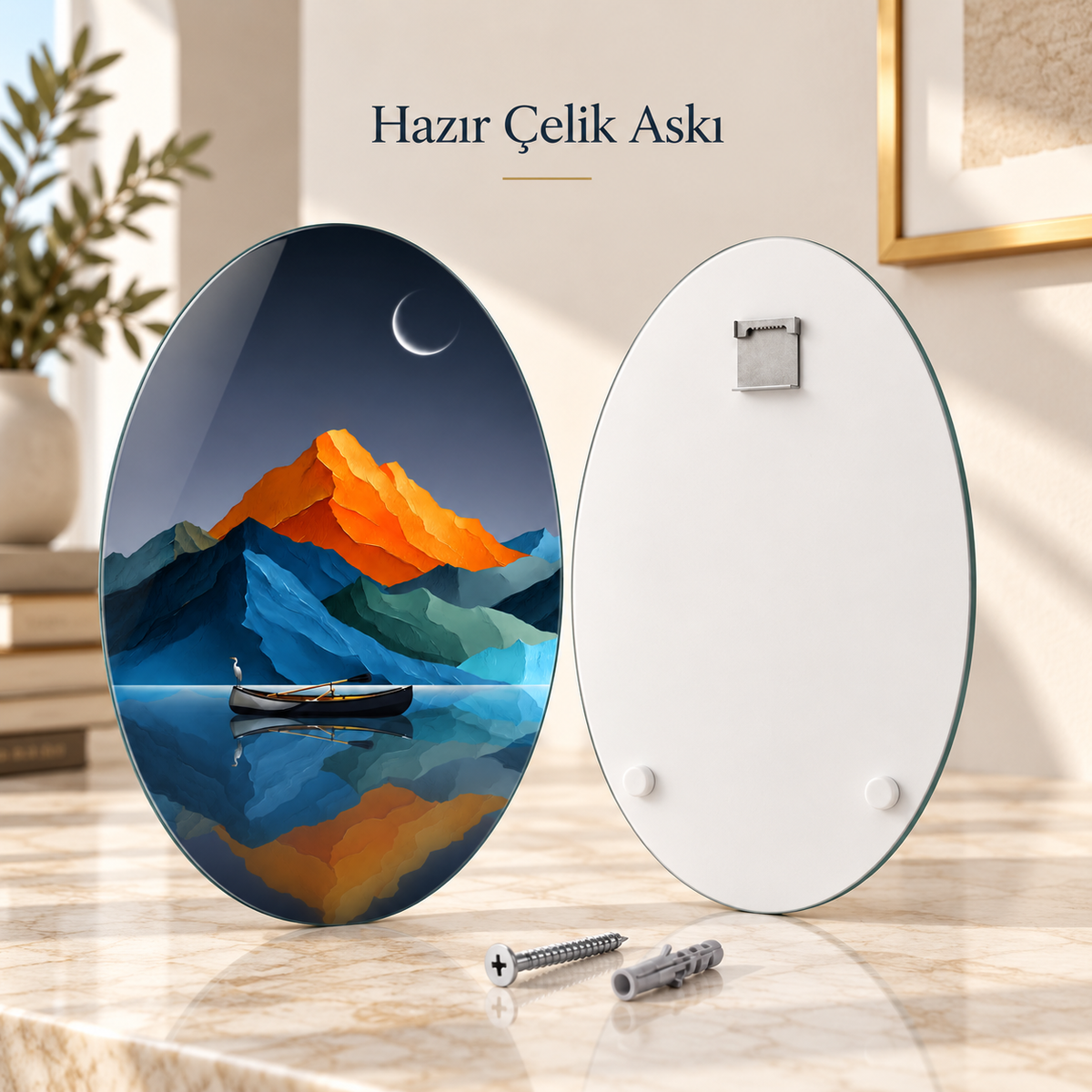 Oval dikey cam tablo ön ve arka yüz; üst ortada tek CAMDEKO hazır çelik askı ve altta iki beyaz tampon