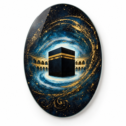 Lacivert gold kozmik Kabe temalı oval dikey cam tablo beyaz zemin vitrin