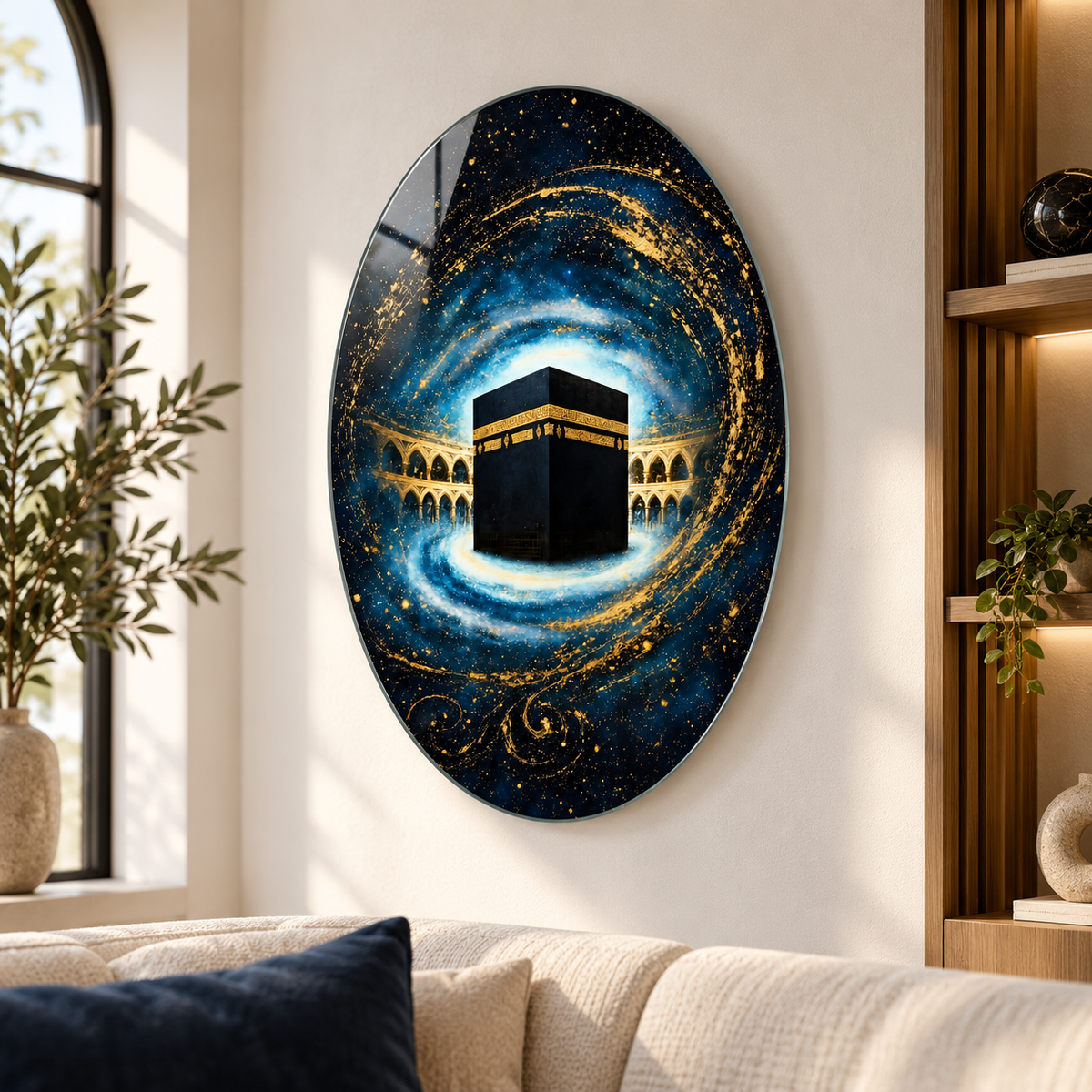Lacivert gold kozmik Kabe temalı oval dikey cam tablo premium salon