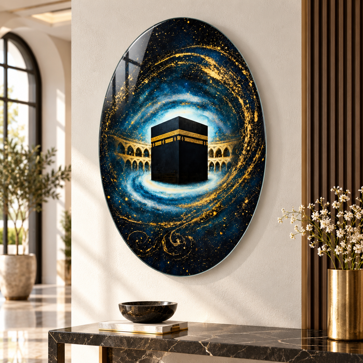 Lacivert gold kozmik Kabe temalı oval dikey cam tablo farklı premium mekân
