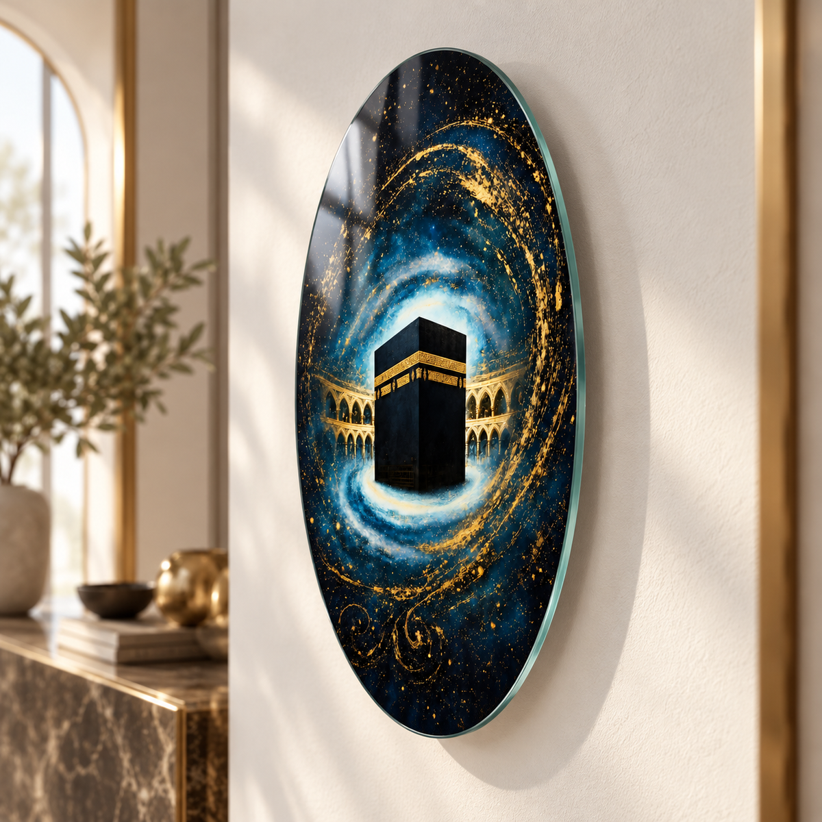 Oval dikey cam tablo yaklaşık 2 cm duvar mesafesi ve yüzer görünüm