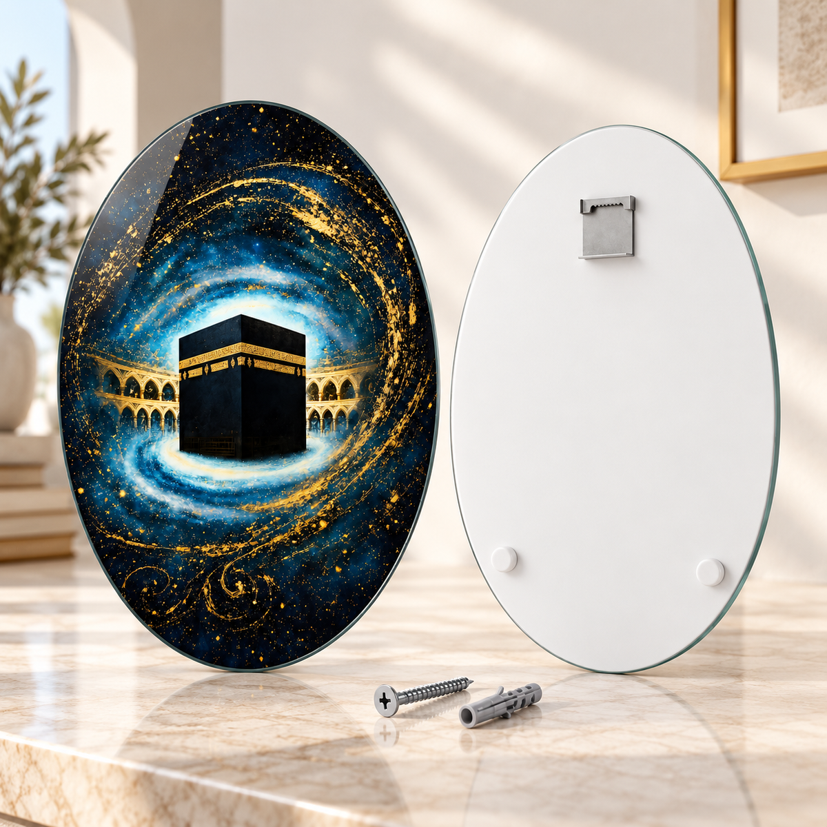 Oval dikey cam tablo ön ve arka yüz; üst ortada tek CAMDEKO hazır çelik askı ve altta iki beyaz tampon