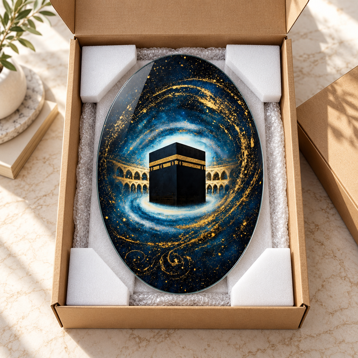 Oval dikey cam tablo özenli paketleme ve köşe koruma