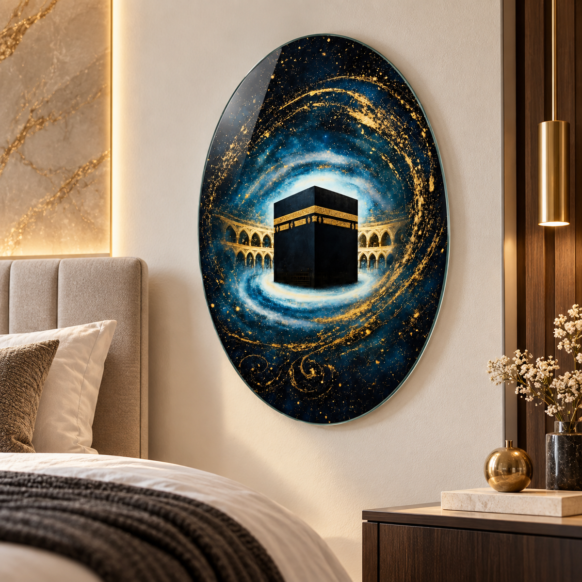 Lacivert gold kozmik Kabe temalı oval dikey cam tablo alternatif premium mekân