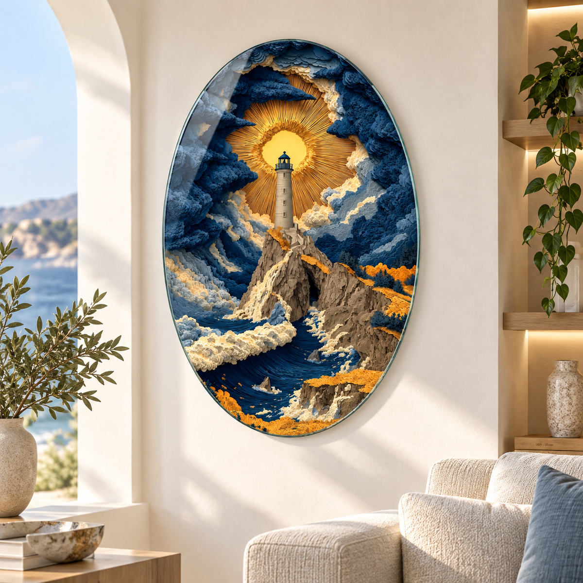 Gold güneş ve lacivert deniz feneri manzaralı oval dikey cam tablo premium salon