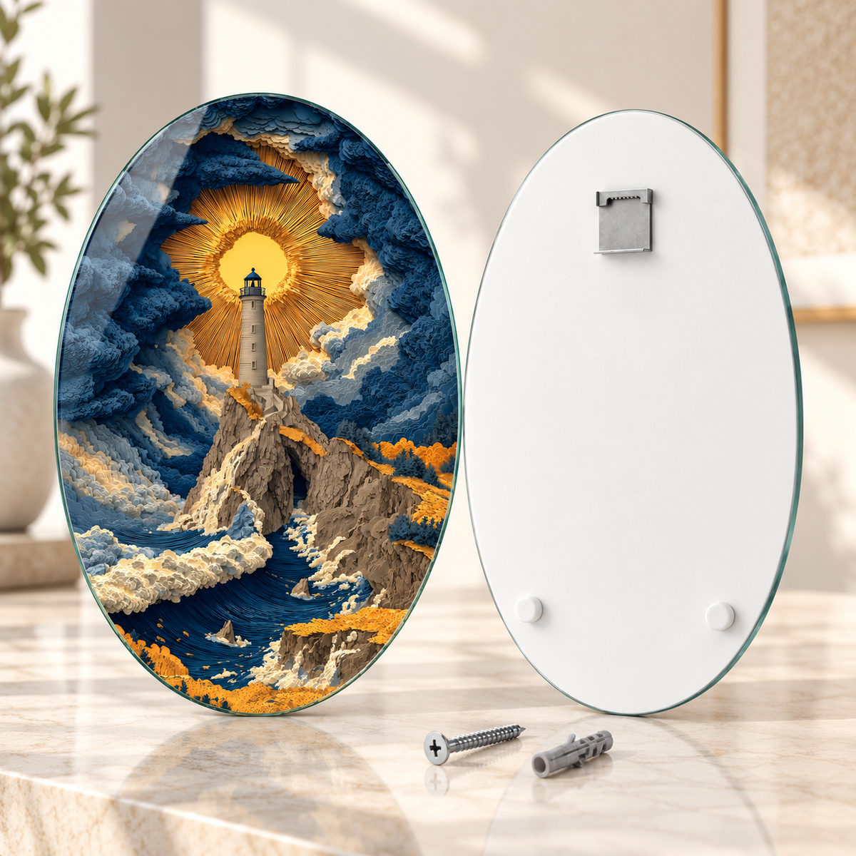 Oval dikey cam tablo ön ve arka yüz; üst ortada tek CAMDEKO hazır çelik askı ve altta iki beyaz tampon