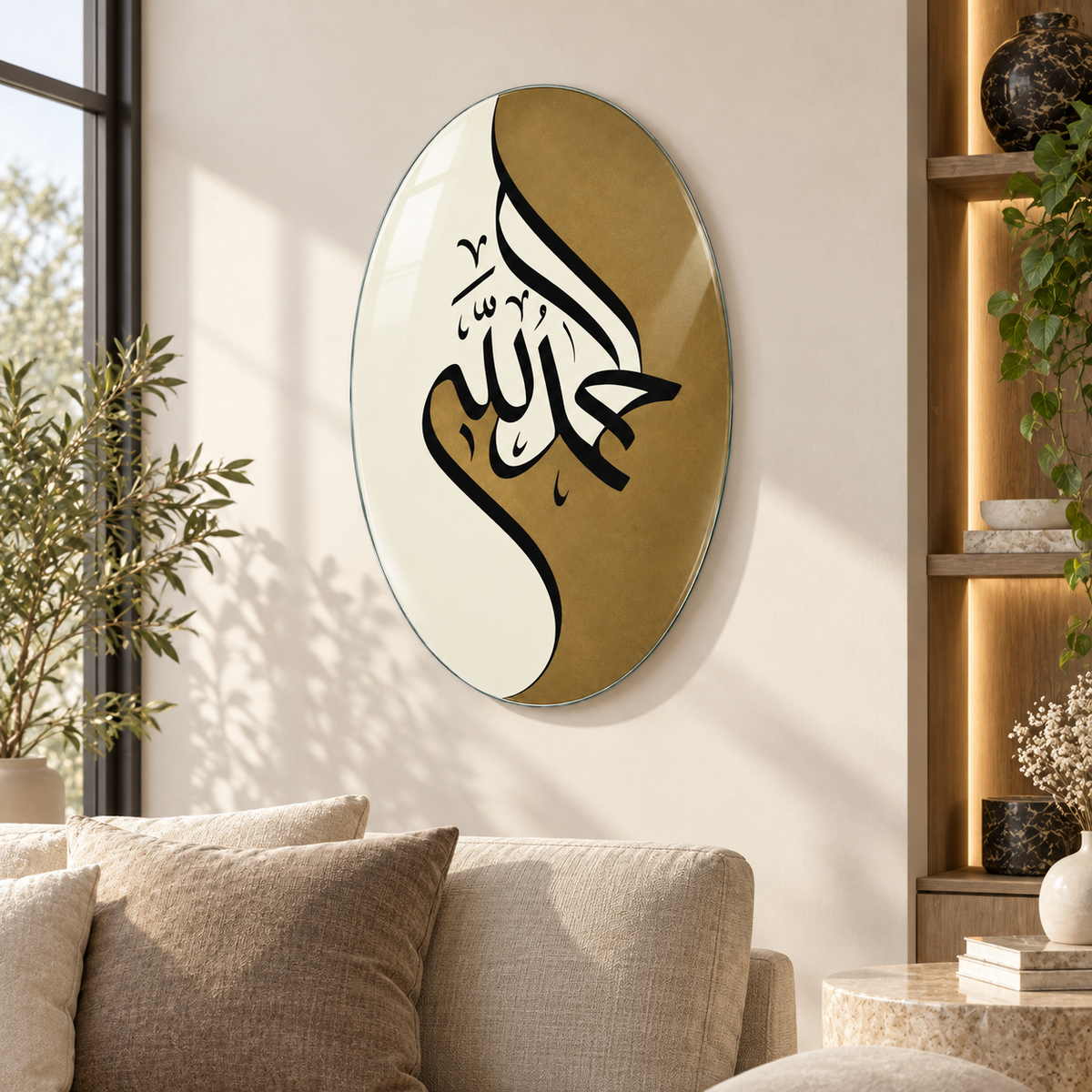 Gold krem Allah hat sanatı oval dikey cam tablo premium salon