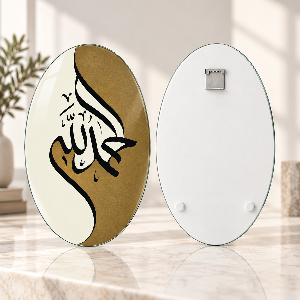 Oval dikey cam tablo ön ve arka yüz; üst ortada tek CAMDEKO hazır çelik askı ve altta iki beyaz tampon
