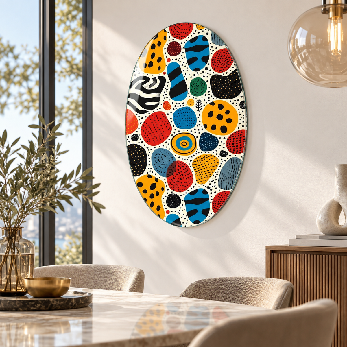 Renkli soyut organik formlar desenli oval dikey cam tablo premium yemek alanı