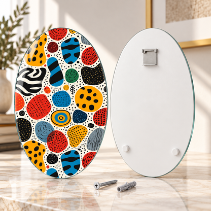 Oval dikey cam tablo ön ve arka yüz; üst ortada tek CAMDEKO hazır çelik askı ve altta iki beyaz tampon