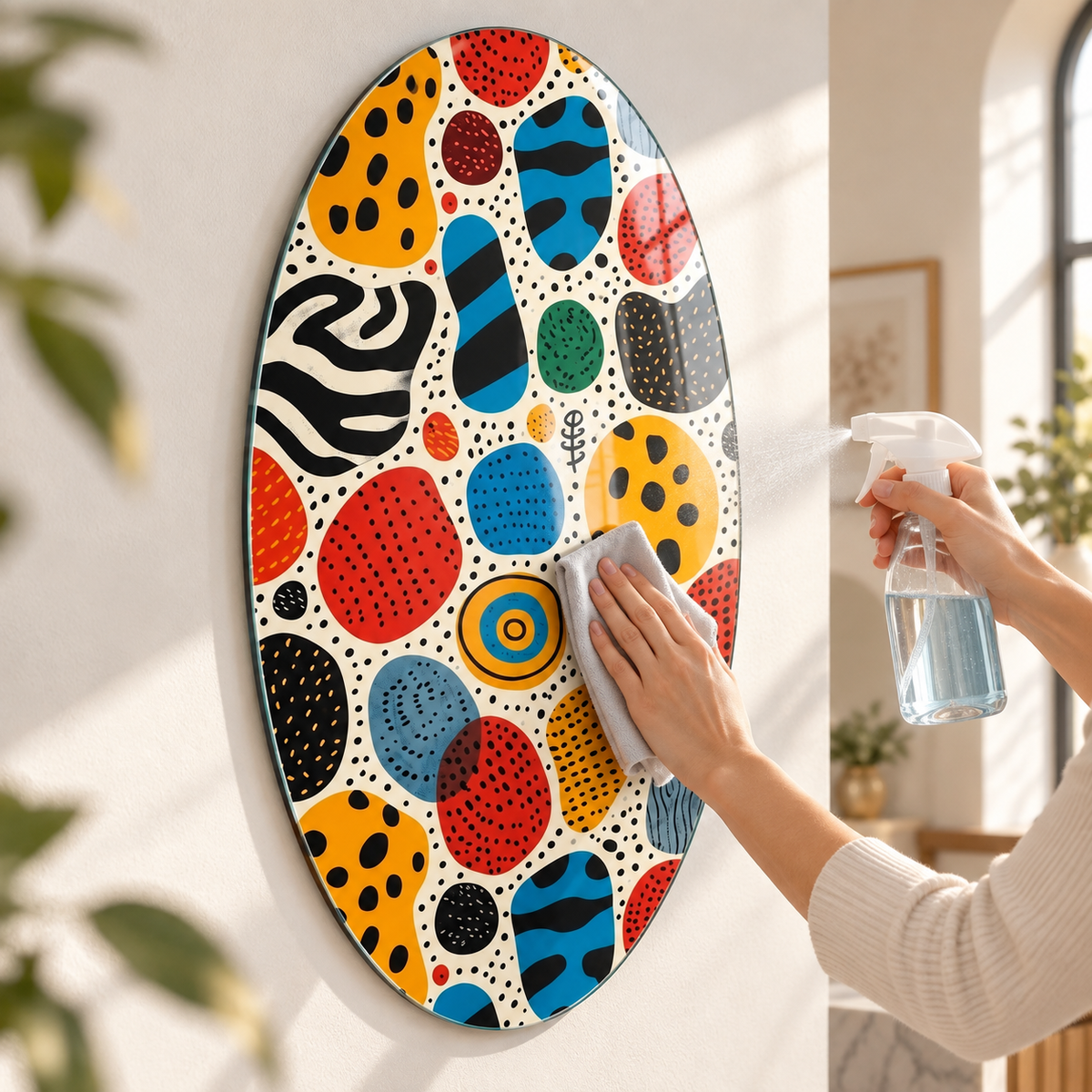 Oval dikey cam tablo yumuşak bez ve camsil ile kolay temizlik