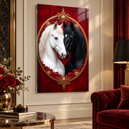 Siyah beyaz atlar kırmızı gold barok dikey cam tablo premium salon