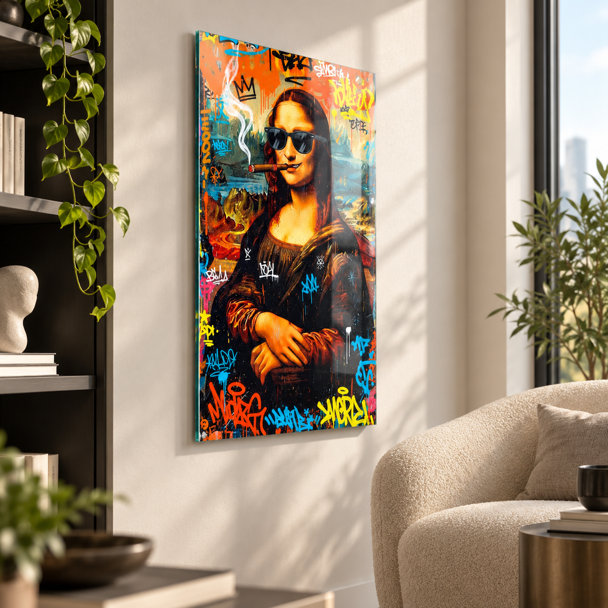 Graffiti Mona Lisa modern sanat dikey cam tablo premium salon