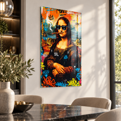 Graffiti Mona Lisa modern sanat dikey cam tablo premium yemek odası