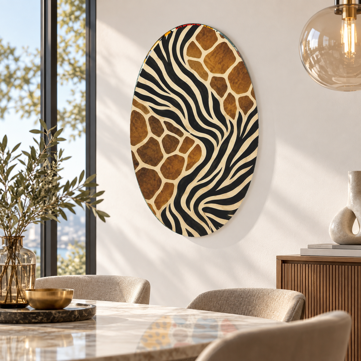 Zebra ve zürafa desenli oval dikey cam tablo premium mekân