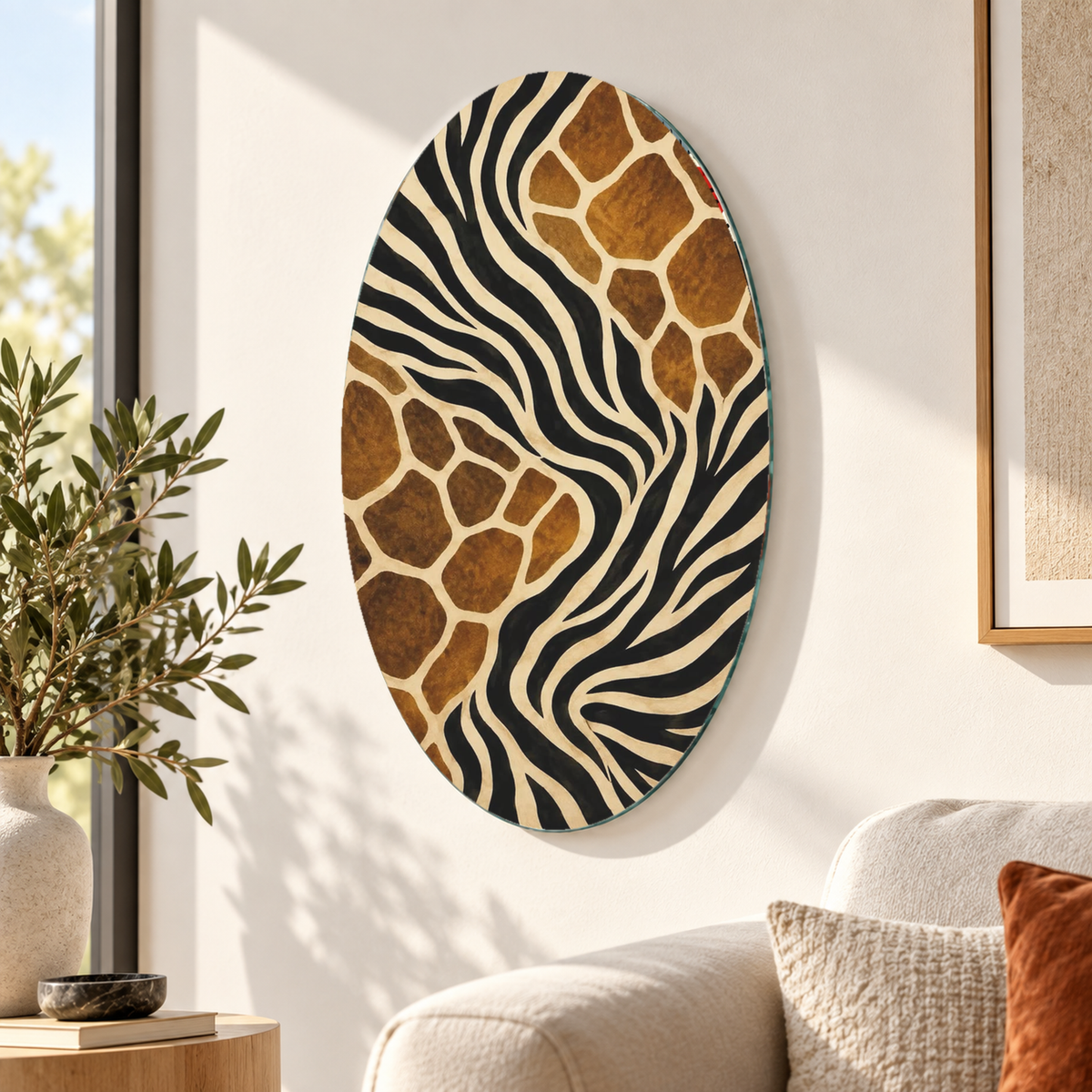 Zebra ve zürafa desenli oval dikey cam tablo farklı premium mekân