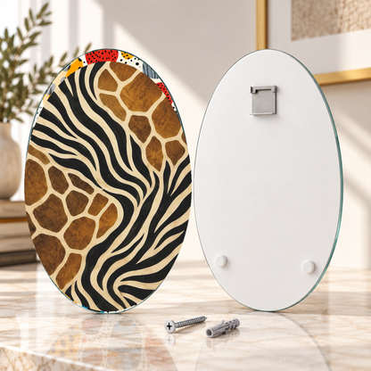 Oval dikey cam tablo ön ve arka yüz; üst ortada tek CAMDEKO hazır çelik askı ve altta iki beyaz tampon