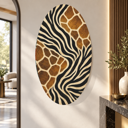 Zebra ve zürafa desenli oval dikey cam tablo alternatif premium mekân