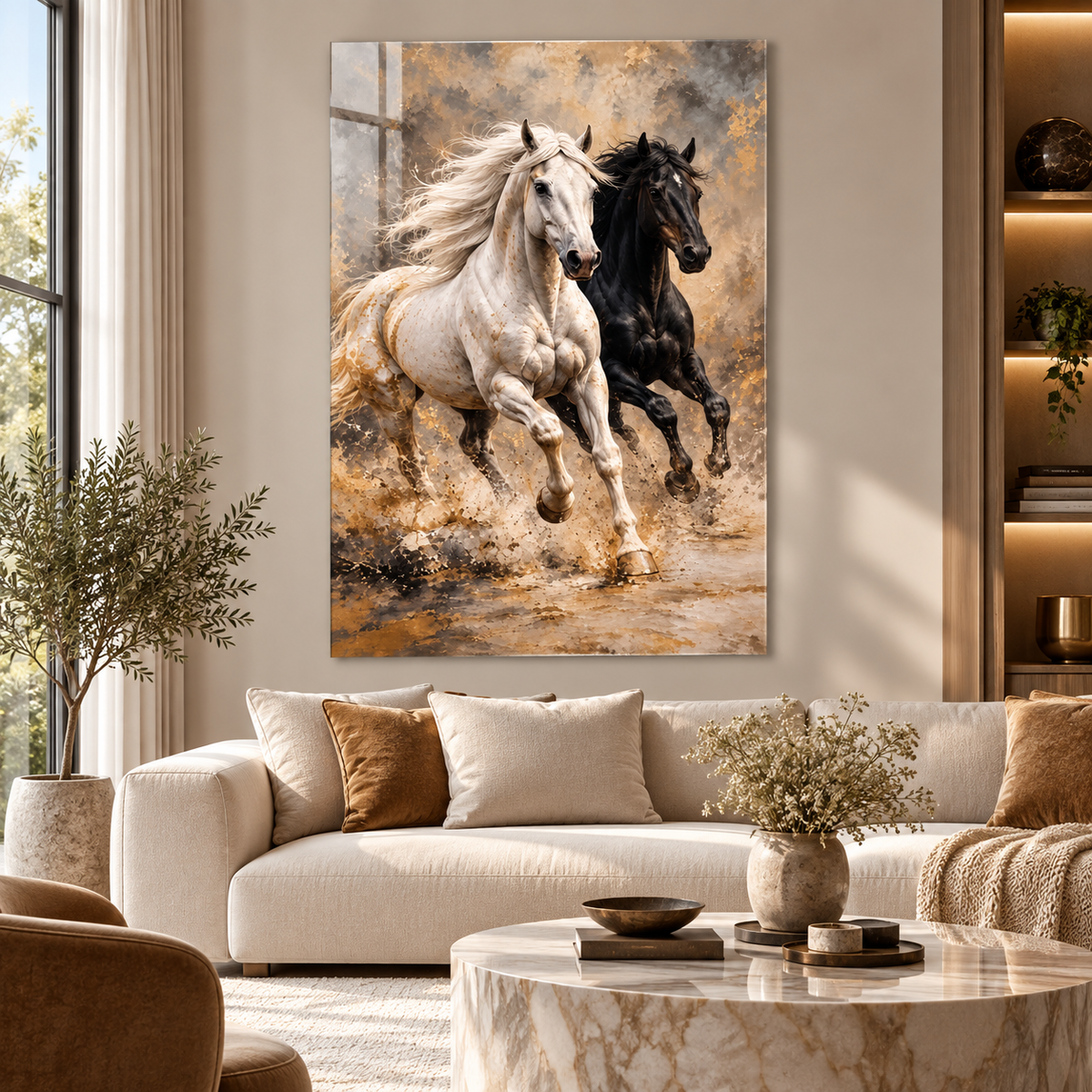 Siyah beyaz koşan atlar gold bej dikey cam tablo premium salon