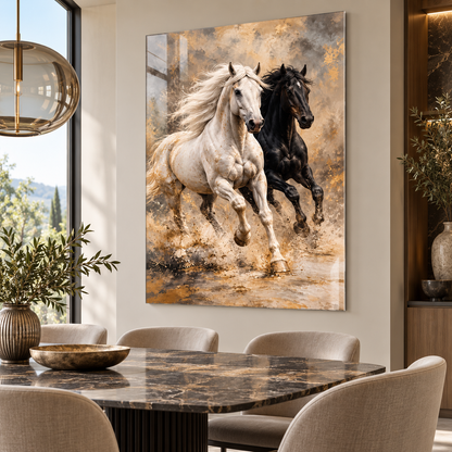 Siyah beyaz koşan atlar gold bej dikey cam tablo premium yemek odası