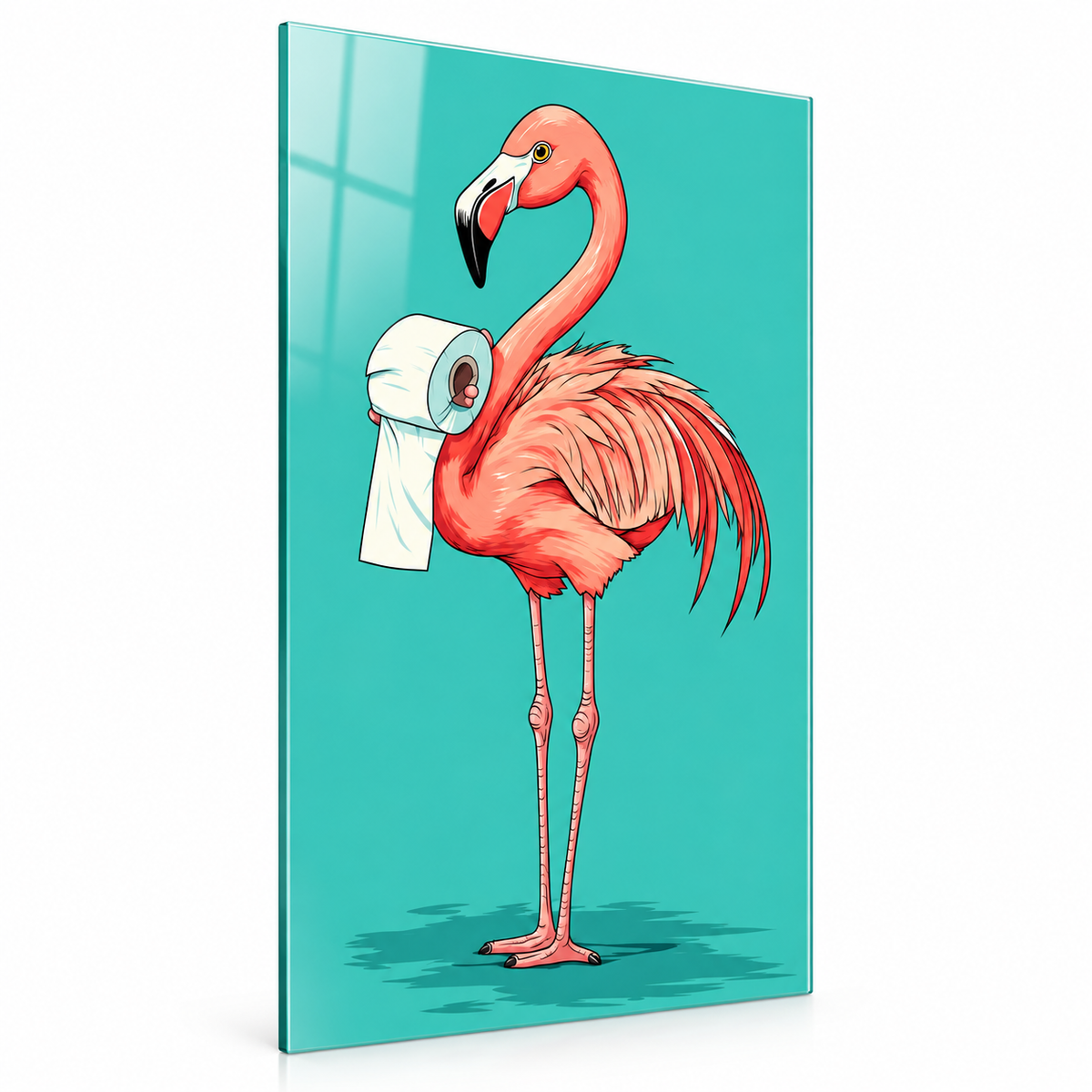 Turkuaz flamingo tuvalet kağıdı esprili dikey cam tablo beyaz zemin
