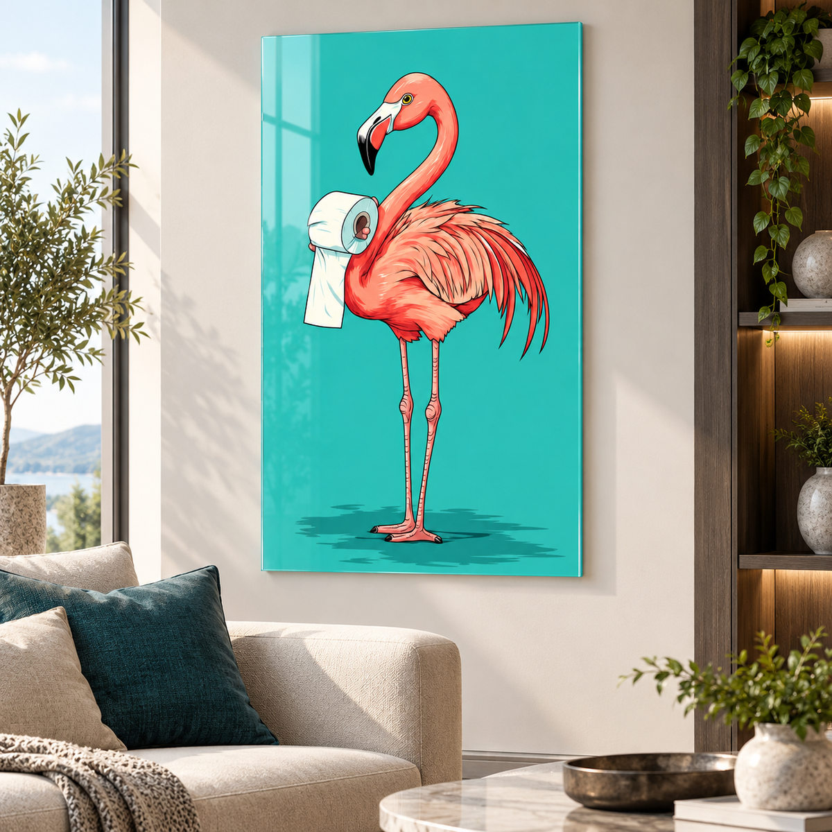 Turkuaz flamingo esprili dikey cam tablo premium salon