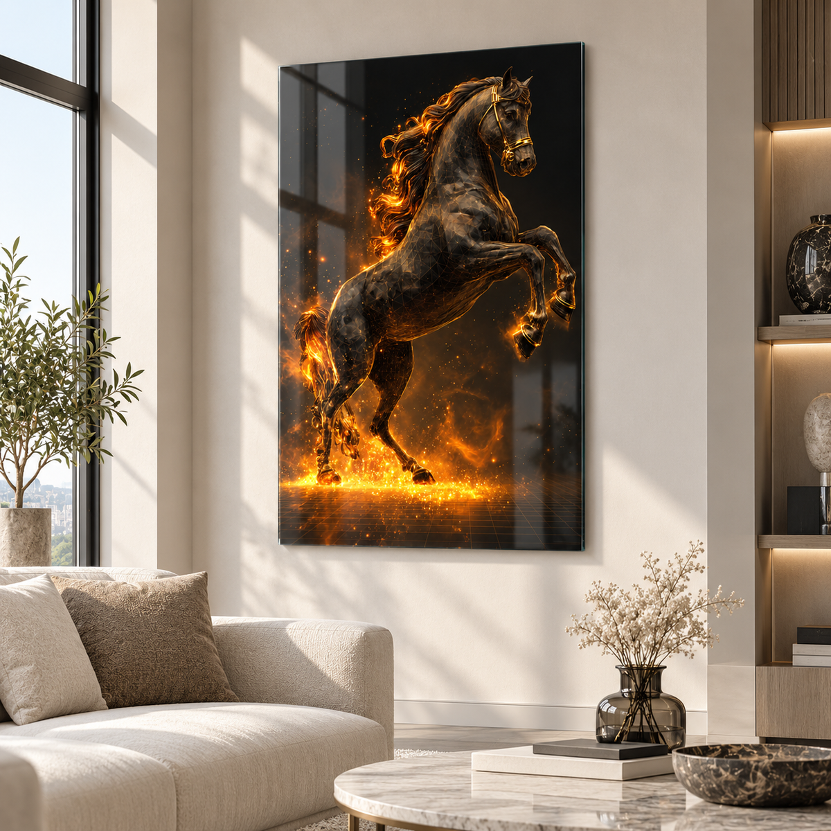 Siyah gold alevli şahlanan at dikey cam tablo premium salon