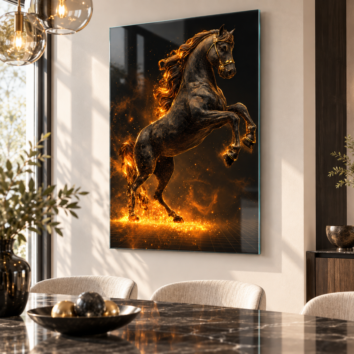 Siyah gold alevli şahlanan at dikey cam tablo premium yemek odası
