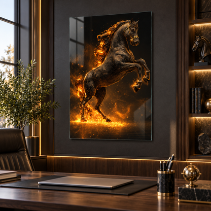 Siyah gold alevli şahlanan at dikey cam tablo alternatif premium mekan